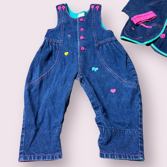 Vintage Baby All Mine Denim Blazer Overall Set Flower Fruit Pink Teal Sz 12 M - Picture 3 of 16